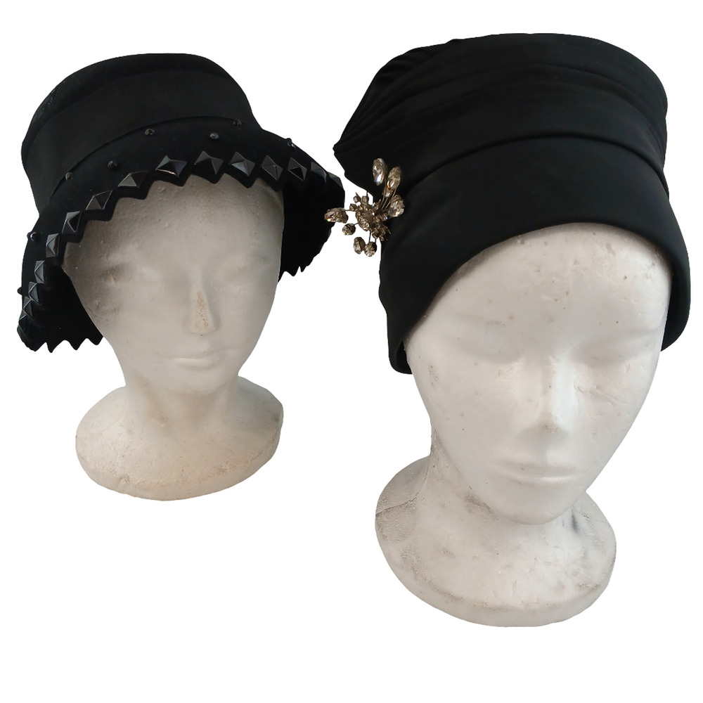 Lot of 2 VTG Womens Black Cloche Hat Studded Trim Rhinestone Brooch Gothic Style